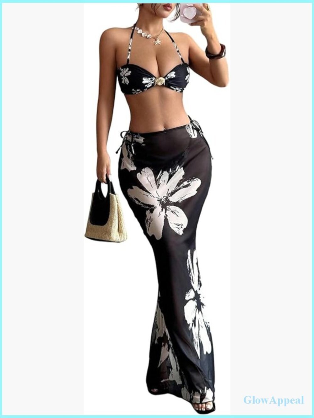 3 Piece Boho Floral Halter Bikini Set with Beach Cover Up Skirt